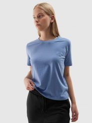 4F T-shirt regular gładki damski - niebieski XS. Niebieskie t-shirty damskie 4F, xs, bez wzorów, z bawełny, klasyczne, bez kołnierzyka, bez ramiączek. W wyprzedaży za 29.99 zł.