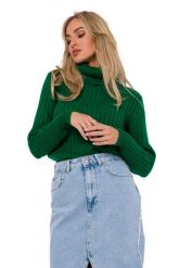 Sweter z Golfem o Prążkowanym Splocie - Zielony. Zielone swetry nierozpinane damskie MOE, l, bez wzorów, z materiału, bez kołnierzyka, bez ramiączek. Za 220.90 zł.