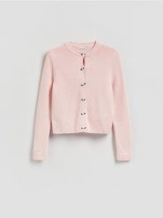 Kardigan z ozdobnymi guzikami - pastelowy róż. Czerwone kardigany damskie Reserved, l, bez wzorów, z bawełny, bez kołnierzyka. Za 139.99 zł.