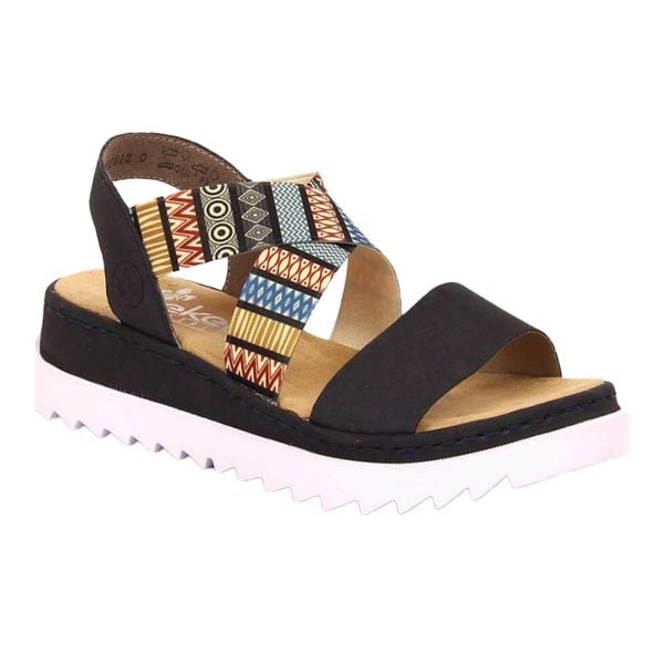 Sandały Damskie RKR533A. Czarne sandały damskie Rieker, bez wzorów, z materiału, z otwartym noskiem, bez obcasa, na platformie, bez zapięcia. Za 373.99 zł.