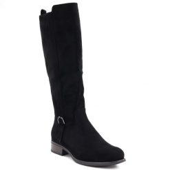 Kozaki damskie zamszowe czarne Sabatina 24160-100. Czarne kozaki damskie Sabatina, bez wzorów, ze skóry ekologicznej, bez obcasa, bez zapięcia. Za 189.99 zł.