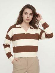 Sweter w poziome pasy, z wiskozą - brązowy. Brązowe swetry nierozpinane damskie Sinsay, l, bez wzorów, z wiskozy, bez kołnierzyka, bez ramiączek. Za 59.99 zł.