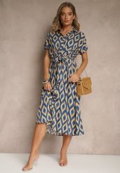 Niebieska Koszulowa Sukienka z Wiskozy Ozdobiona Geometrycznym Motywem Ralomia. Niebieskie sukienki damskie Renee, na co dzień, m, bez wzorów, z wiskozy, eleganckie, bez kołnierzyka, bez ramiączek, maxi, koszulowe. Za 69.99 zł.