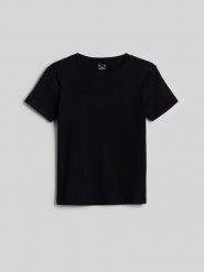 4F T-shirt slim z prążkowanej dzianiny damski - czarny L. Czarne t-shirty damskie 4F, l, bez wzorów, z bawełny, eleganckie, bez kołnierzyka, bez ramiączek. Za 49.99 zł.