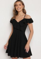 Czarna Sukienka Rozkloszowana na Ramiączkach z Falbankami Polauri. Czarne sukienki damskie Born2be, na co dzień, l, bez wzorów, eleganckie, bez kołnierzyka, bez ramiączek, mini, rozkloszowane. Za 79.99 zł.