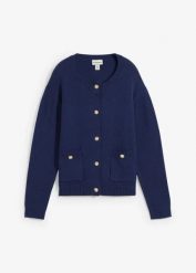 Sweter rozpinany z kieszeniami. Niebieskie kardigany damskie bonprix, bez wzorów, bez kołnierzyka. Za 77.99 zł.