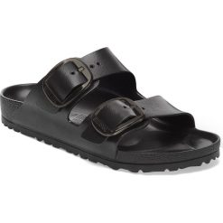 Klapki damskie Birkenstock Arizona. Czarne klapki damskie Birkenstock, bez wzorów, z materiału, klasyczne, bez obcasa, bez zapięcia. Za 294.80 zł.