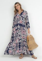 Granatowa Rozkloszowana Sukienka Oversize w Kwiaty Kylia. Niebieskie sukienki damskie Born2be, l, bez wzorów, bez kołnierzyka, bez ramiączek, maxi, oversize. Za 74.99 zł.