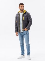Kurtka męska pikowana z kapturem - grafitowa V2 OM-JALP-0120 - S. Szare kurtki sportowe męskie Ombre Clothing, m, bez wzorów, z kapturem. W wyprzedaży za 79.99 zł.