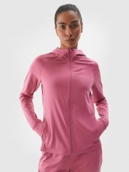 4F Bluza treningowa slim szybkoschnąca damska - fioletowa M. Czerwone bluzy damskie 4F, m, bez wzorów, z dzianiny, sportowe, bez ramiączek, z kapturem. W wyprzedaży za 99.99 zł.