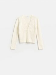 Kardigan z koronką - złamana biel. Kardigany damskie Reserved, l, bez wzorów, z dzianiny, bez kołnierzyka. Za 139.99 zł.