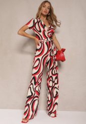Czerwony Kopertowy Kombinezon z Wiązanym Paskiem w Abstrakcyjny Print Saralen. Czerwone sukienki damskie Renee, na co dzień, l, bez wzorów, eleganckie, bez kołnierzyka, bez ramiączek, mini, kopertowe. Za 99.99 zł.