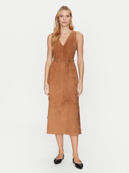 Munthe Sukienka skórzana Filom 251132025116 Brązowy Regular Fit. Brązowe sukienki damskie Munthe, bez wzorów, ze skóry, bez kołnierzyka, bez ramiączek. Za 1,249.00 zł.