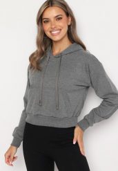 Ciemnoszara Bluza z Dodatkiem Bawełny z Kapturem Wykończona Ściągaczami Evista. Szare bluzy damskie Born2be, l, bez wzorów, z bawełny, biznesowe, bez ramiączek, z kapturem. Za 29.99 zł.