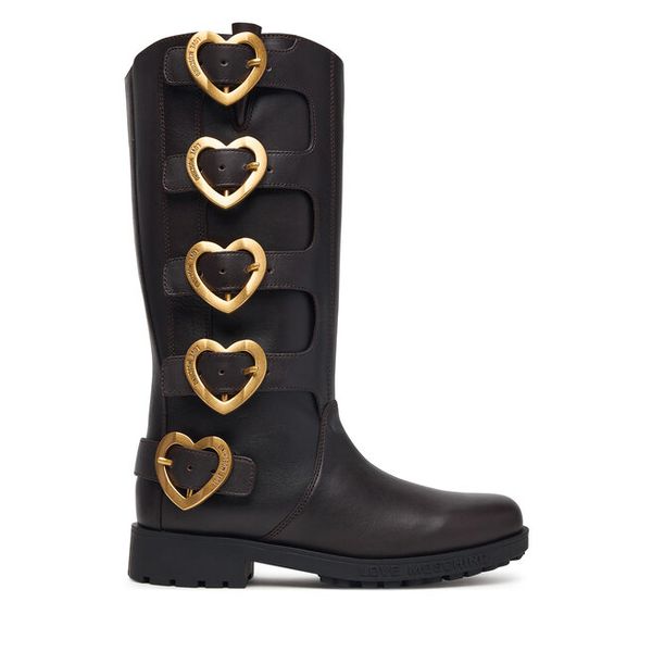 Kozaki LOVE MOSCHINO. Brązowe kozaki damskie Love Moschino, bez wzorów, bez obcasa, na płaskiej podeszwie, bez zapięcia. Za 1,669.00 zł.