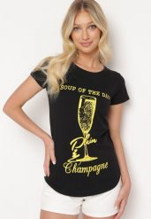 Czarny Klasyczny T-shirt z Bawełny Ozdobiony Nadrukiem Getantia. Czarne t-shirty damskie Born2be, l, bez wzorów, z bawełny, klasyczne, bez kołnierzyka, bez ramiączek. Za 34.99 zł.
