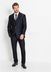 Garnitur z kamizelką i krawatem (4 części), Regular Fit. Niebieskie garnitury męskie bonprix, m, bez wzorów, eleganckie. Za 689.99 zł.