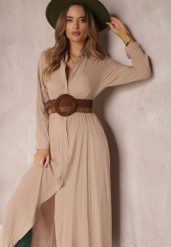 Beżowa Sukienka Hillcrest. Brązowe sukienki damskie Renee, l, bez wzorów, bez kołnierzyka, bez ramiączek, maxi, koszulowe. Za 99.99 zł.
