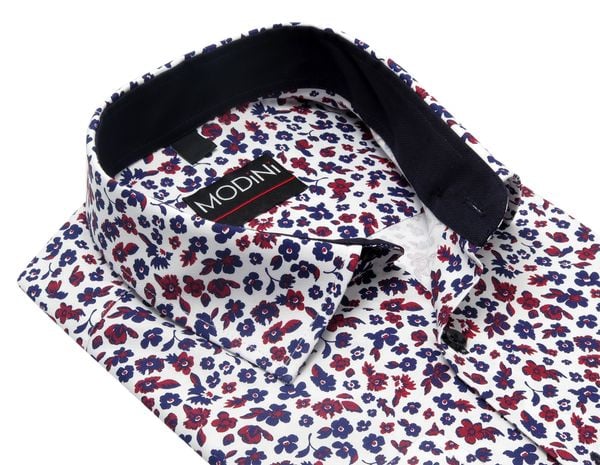 Granatowo - bordowa koszula męska Modini w kwiaty DD6. Czerwone koszule męskie Modini Moda Męska, m, bez wzorów, z bawełny, biznesowe, bez kołnierzyka, bez ramiączek. W wyprzedaży za 166.50 zł.