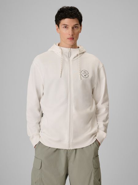 4F Bluza dresowa regular z kapturem męska - biała M. Białe bluzy męskie 4F, m, bez wzorów, z dresówki, bez ramiączek, z kapturem. W wyprzedaży za 99.99 zł.