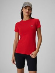 4F T-shirt slim gładki damski - czerwony M. Czerwone t-shirty damskie 4F, m, bez wzorów, z bawełny, klasyczne, bez kołnierzyka, bez ramiączek. Za 39.99 zł.