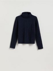 Sweter z warkoczowym splotem - granatowy. Niebieskie swetry nierozpinane damskie Reserved, l, bez wzorów, z dzianiny, bez kołnierzyka, bez ramiączek. Za 139.99 zł.