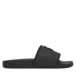 Klapki KARL LAGERFELD. Czarne klapki damskie KARL LAGERFELD, bez wzorów, bez obcasa, bez zapięcia. Za 259.99 zł.