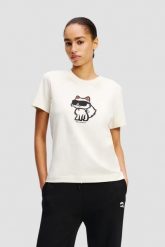 KARL LAGERFELD Beżowy damski t-shirt Ikon Sketch Choupette. Brązowe t-shirty damskie KARL LAGERFELD, s, bez wzorów, bez kołnierzyka, bez ramiączek. W wyprzedaży za 229.99 zł.
