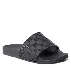 Klapki KARL LAGERFELD. Czarne klapki damskie KARL LAGERFELD, bez wzorów, bez obcasa, bez zapięcia. Za 419.99 zł.