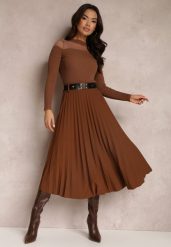 Brązowa Spódnica Plisowana z Paskiem Nanie. Brązowe spódnice damskie Renee, na co dzień, z aplikacjami, eleganckie, midi, dopasowane. Za 84.99 zł.