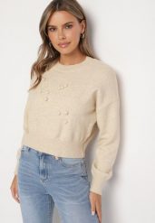 Beżowy Sweter z Wiskozy Ozdobione Tłoczeniem Harini. Brązowe swetry nierozpinane damskie Born2be, bez wzorów, z jeansu, biznesowe, bez kołnierzyka, bez ramiączek. Za 149.99 zł.
