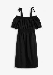 Sukienka off-shoulder z czystej bawełny organicznej. Czarne sukienki damskie bonprix, bez wzorów, z bawełny, bez kołnierzyka, bez ramiączek. Za 47.99 zł.