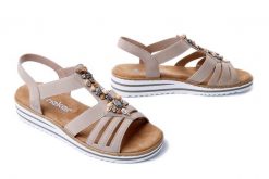 RIEKER V0649-62 beige, sandały damskie. Brązowe sandały damskie Rieker, bez wzorów, bez obcasa, na koturnie, bez zapięcia. Za 223.93 zł.
