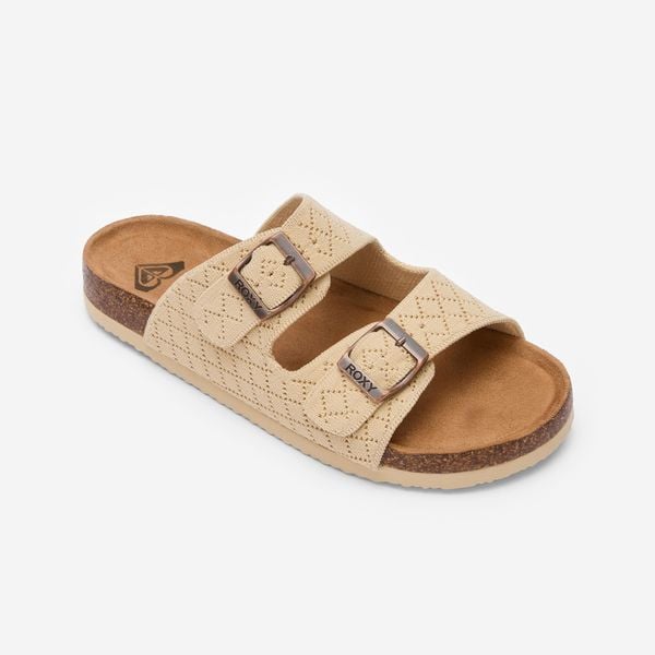 Klapki damskie Roxy Manou. Brązowe klapki damskie Roxy, na lato, bez wzorów, z materiału, eleganckie, bez obcasa, na płaskiej podeszwie, bez zapięcia. Za 149.99 zł.