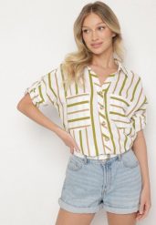 Biało-Zielona Koszula z Bawełny w Paski Adserie. Białe koszule damskie Born2be, m, bez wzorów, z bawełny, eleganckie, bez kołnierzyka, bez ramiączek. Za 79.99 zł.