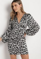 Szara Sukienka Taliowana w Panterkę Suzamera. Szare sukienki damskie Born2be, l, bez wzorów, z materiału, bez kołnierzyka, bez ramiączek, mini. Za 139.99 zł.