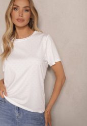 Biały T-shirt z Wiskozą Ozdobiony Cyrkoniami Sanelisea. Białe t-shirty damskie Renee, l, bez wzorów, z jeansu, bez kołnierzyka, bez ramiączek. Za 69.99 zł.