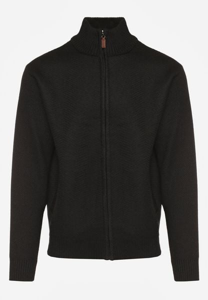 Czarny Kardigan w Jodełkę na Suwak z Polarową Wyściółką Iwedara. Czarne swetry męskie Born2be, l, bez wzorów, z jeansu, sportowe, bez kołnierzyka, bez ramiączek. Za 89.99 zł.