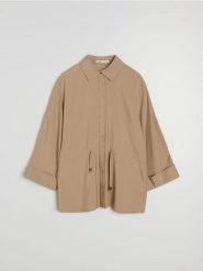 Wiskozowa koszula ze ściągaczem w talii - beżowy. Brązowe koszule damskie Sinsay, l, bez wzorów, z wiskozy, bez kołnierzyka, bez ramiączek. Za 59.99 zł.