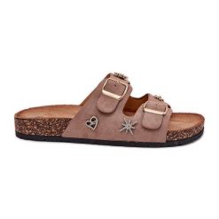 Klapki Damskie Na Korkowej Podeszwie Z Klamrami I Przypinkami Khaki beżowy. Brązowe klapki damskie na lato, bez wzorów, casualowe, bez obcasa, bez zapięcia. Za 139.80 zł.