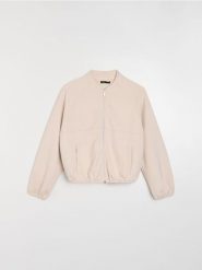 Bluza bomberka z domieszką wiskozy soft touch - beżowy. Brązowe bluzy damskie Sinsay, l, bez wzorów, z wiskozy, bez ramiączek, bez kaptura. Za 49.99 zł.