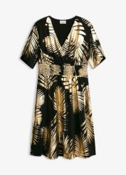 Sukienka z dżerseju ze złotym nadrukiem. Czarne sukienki damskie bonprix, bez wzorów, z dżerseju, eleganckie, bez kołnierzyka, bez ramiączek. Za 139.99 zł.
