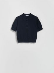 Sweter z kołnierzykiem - granatowy. Niebieskie swetry nierozpinane damskie Reserved, l, bez wzorów, z dzianiny, bez kołnierzyka, bez ramiączek. Za 99.99 zł.