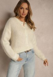 Jasnobeżowy Kardigan z Moheru w Eleganckim Stylu Koriano. Brązowe kardigany damskie Renee, bez wzorów, eleganckie, bez kołnierzyka. Za 329.99 zł.