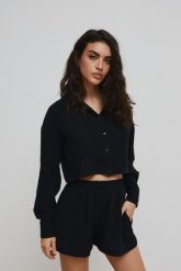 Krótka koszula z muślinu w kolorze CZARNYM - PORTELA-M/L. Czarne koszule damskie Marsala, l, bez wzorów, z bawełny, eleganckie, bez kołnierzyka, bez ramiączek. Za 169.90 zł.