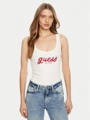 Guess Top W5RP03 KA0H1 Biały Regular Fit. Białe topy damskie Guess, m, z aplikacjami, z bawełny, bez kołnierzyka, bez ramiączek. Za 109.99 zł.