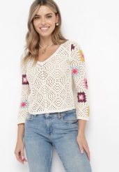 Beżowa Bluzka Ażurowa Isalina. Brązowe bluzki damskie Born2be, s, w ażurowe wzory, z bawełny, bez kołnierzyka, bez ramiączek. Za 39.99 zł.