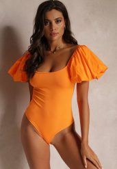 Pomarańczowe Body z Prążkowanej Tkaniny i Ozdobnymi Bufiastymi Rękawami Lenitte. Brązowe body Renee, bez wzorów, prążkowane. Za 89.99 zł.