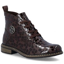 Botki damskie lakierowane kroko brązowe Rieker 71205-25. Brązowe botki damskie Rieker, bez wzorów, z lakierowanej skóry, bez obcasa, bez zapięcia. Za 359.00 zł.