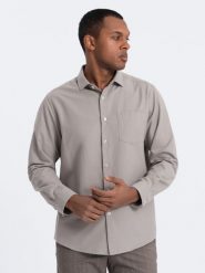 Koszula męska z kieszenią REGULAR FIT - szara V1 OM-SHCS-0148 - XXL. Szare koszule męskie Ombre Clothing, l, bez wzorów, z bawełny, bez kołnierzyka, bez ramiączek. W wyprzedaży za 49.99 zł.